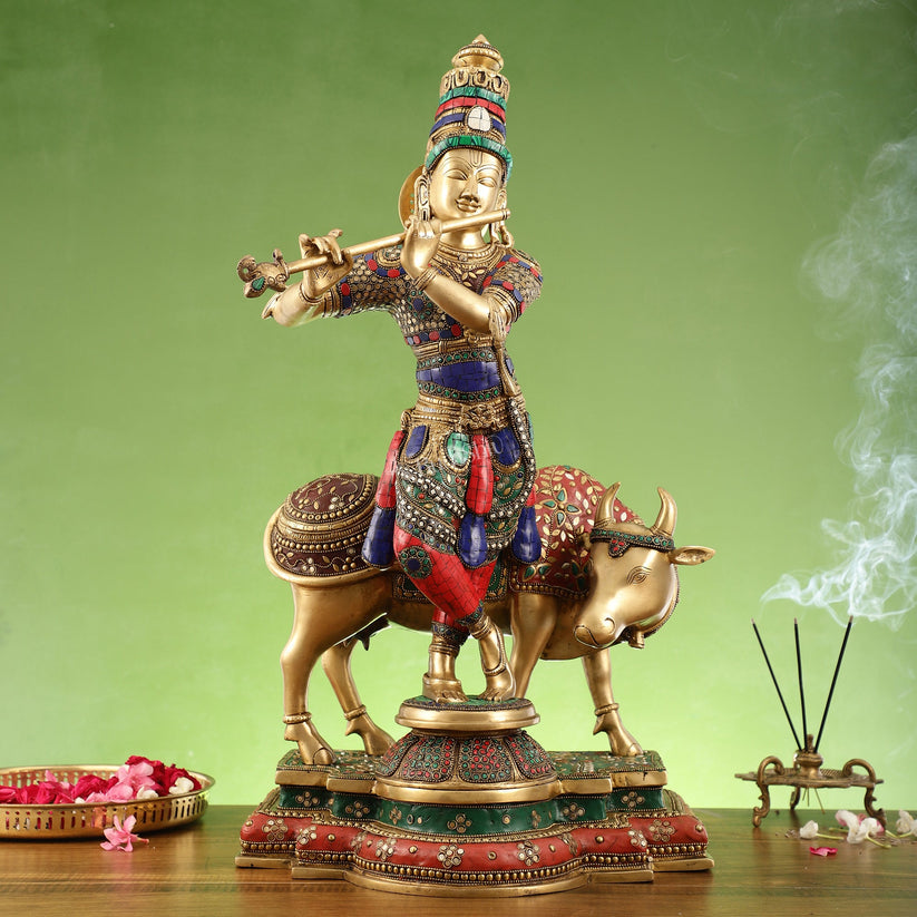 17 Inches Lord Krishna & Cow Brass idol - Krishna Statue for Indian Decor