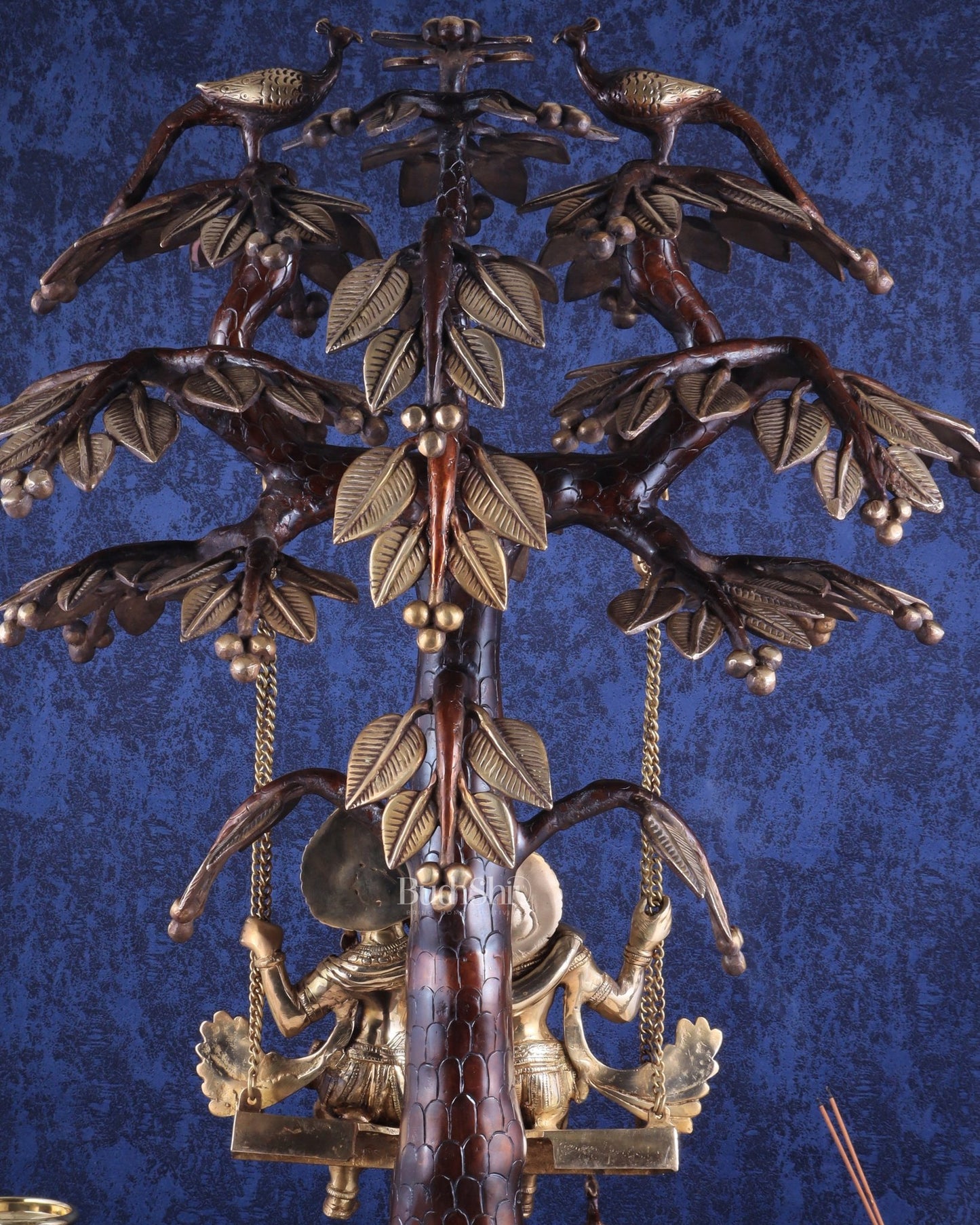 3 - Foot Brass Radha Krishna Swing with Kalpavriksha and Peacock Motifs in Brown - Gold Finish - Budhshiv.com