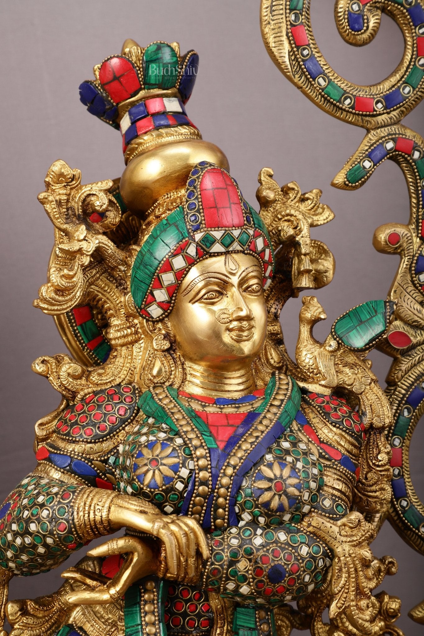45" Brass Radha Krishna with Peacock Temple Arch Meenakari statues - Budhshiv.com