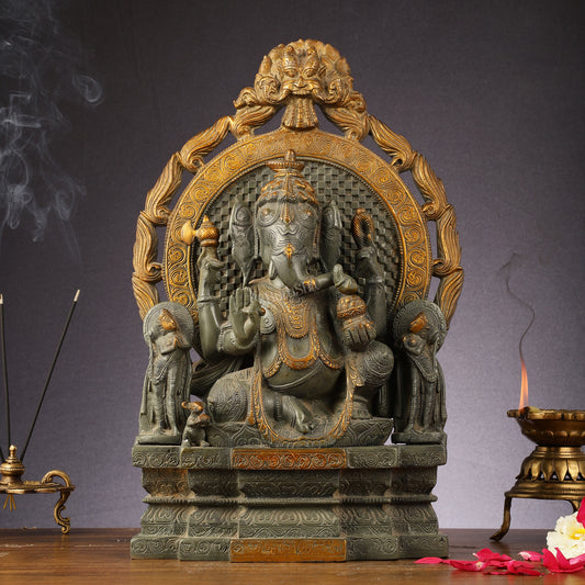 Brass Lord Ganesha Statue - Antique Tone with Riddhi Siddhi 18 inch