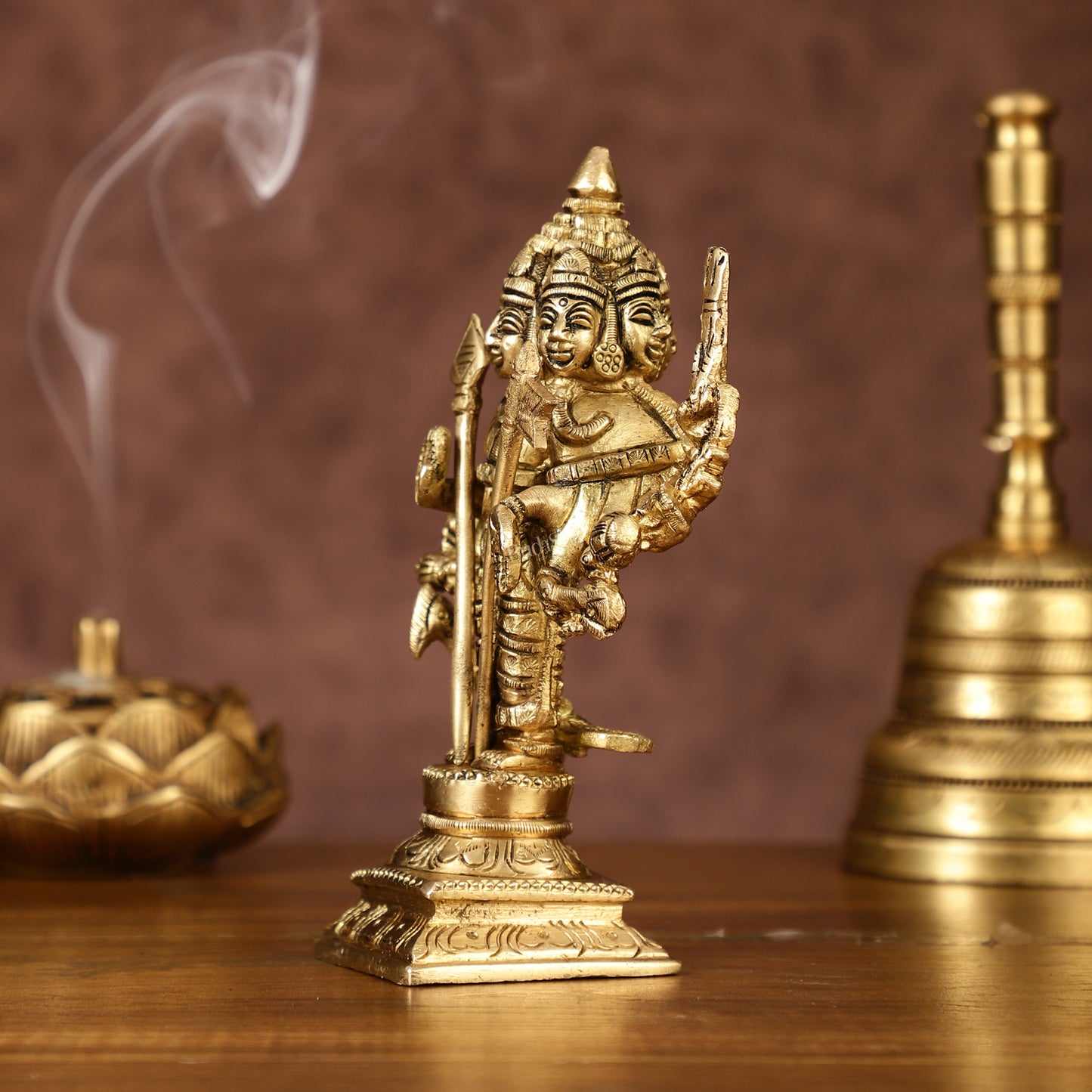 Brass Lord Shanmugar Murugan Kartikeya Standing with Peacock Idol | 6 Inch