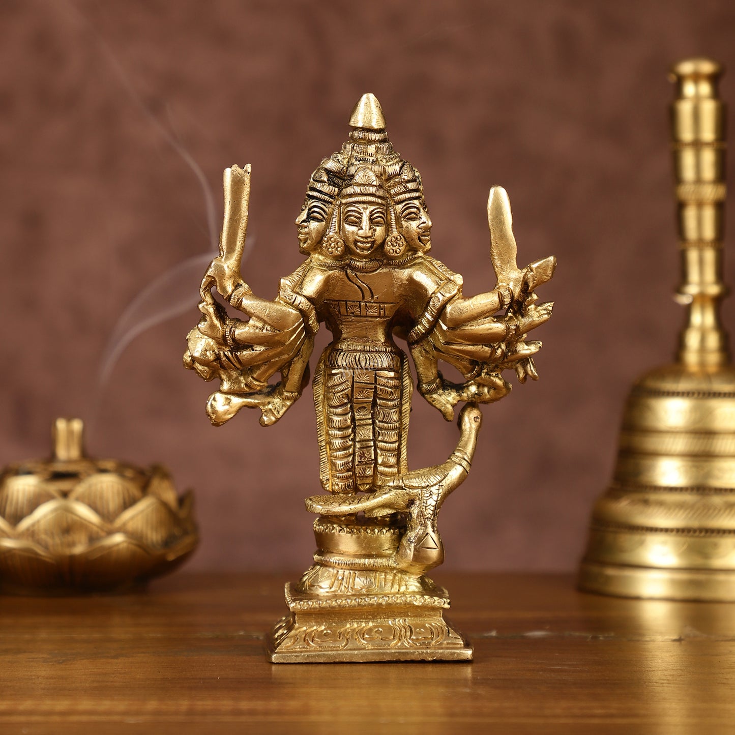Brass Lord Shanmugar Murugan Kartikeya Standing with Peacock Idol | 6 Inch