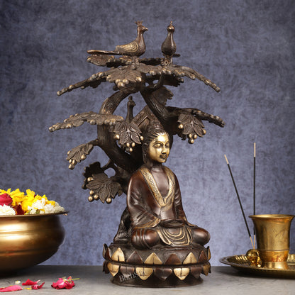 Exquisite Brass Buddha Under Tree Statue - 16.5"