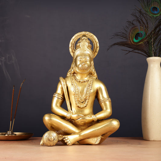 Brass Hanuman Idol in Meditation - 12 inch matte