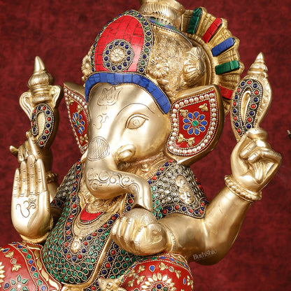 Pure Brass Ganapati Statue multicolour work 15"