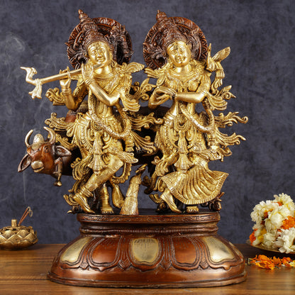 Pure Brass Radha Krishna with Cow Statue | Dual Tone | Height: 16.5 inch