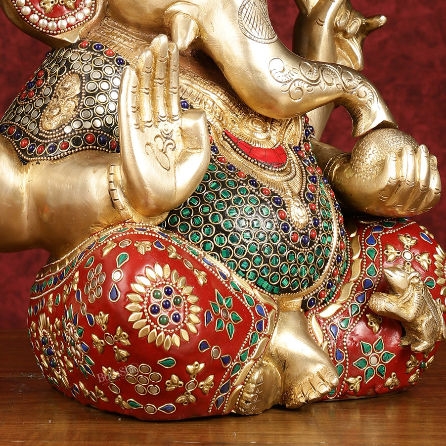Pure Brass Ganapati Statue multicolour work 15"