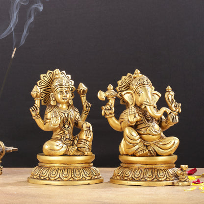 Pure Brass Superfine Ganesha Lakshmi Idols - Exquisite 8-Inch pair