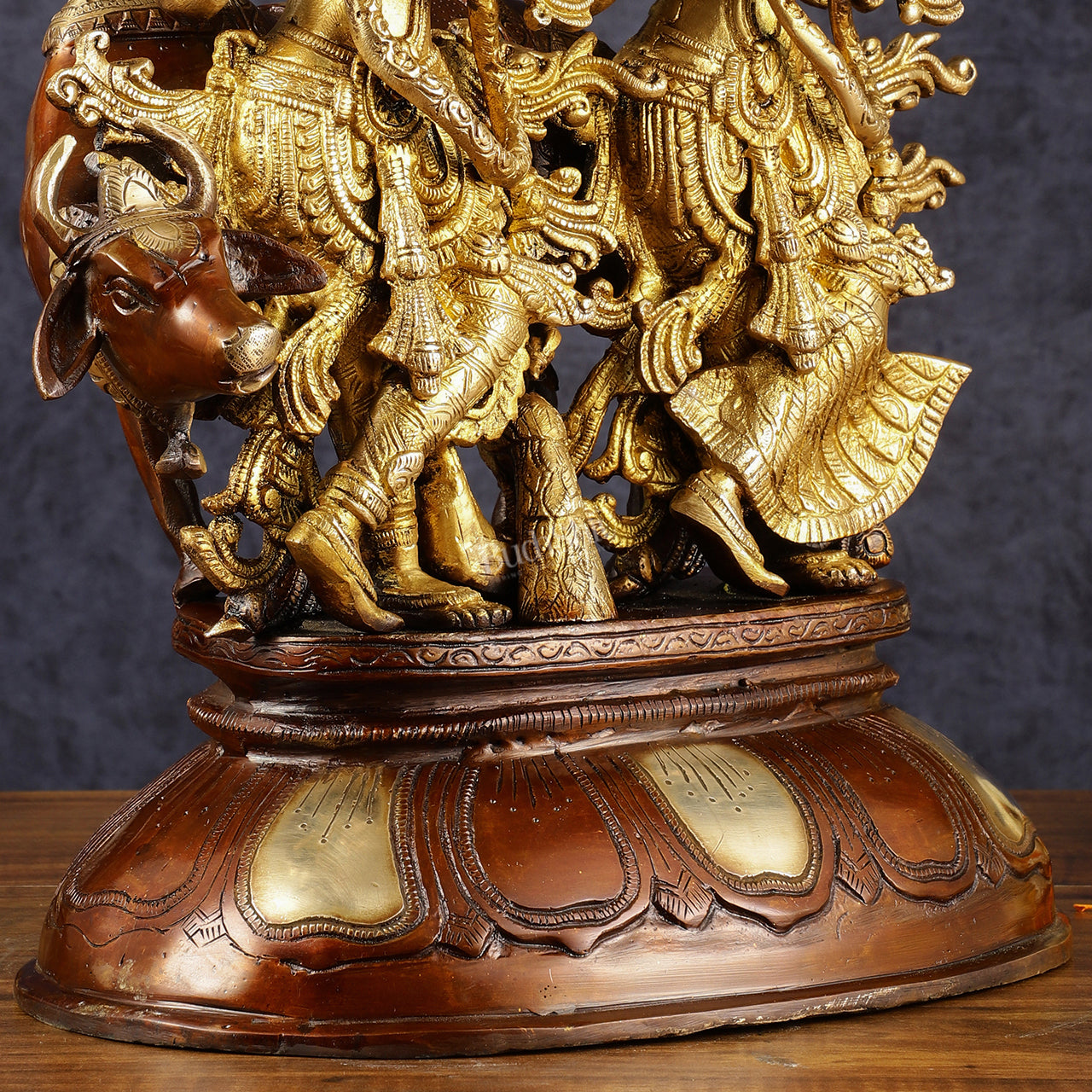 Pure Brass Radha Krishna with Cow Statue | Dual Tone | Height: 16.5 inch