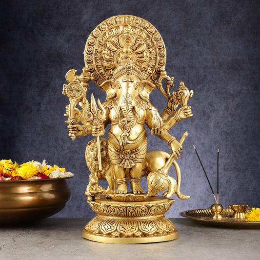 Large Brass Kana Drishti Ganesha Standing with Lion Statue | (18 inch/ 12 kgs)