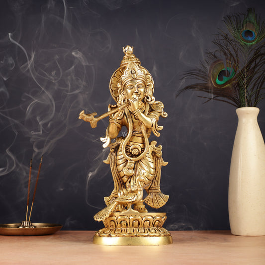 Antique Brass Lord Krishna Idol | Height 12.5 inch