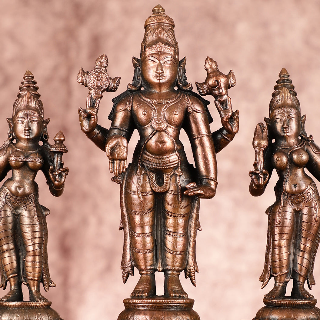 Sacred Pure Copper Lord Tirupati Balaji with Bhudevi and Sridevi Perumal Set 6.5"