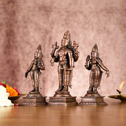 Sacred Pure Copper Lord Tirupati Balaji with Bhudevi and Sridevi Perumal Set 6.5"
