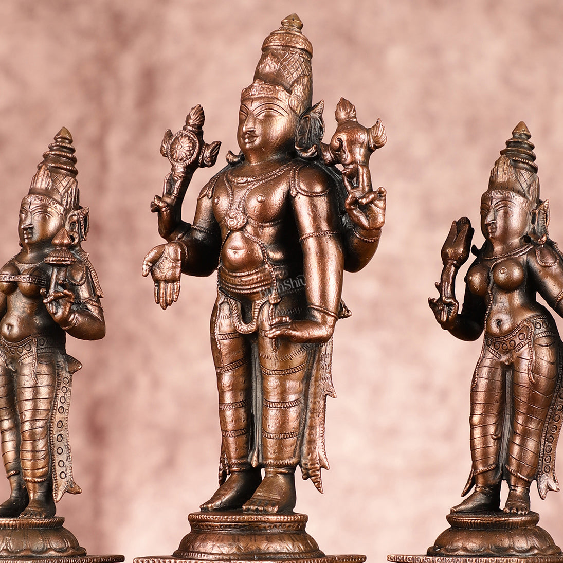 Sacred Pure Copper Lord Tirupati Balaji with Bhudevi and Sridevi Perumal Set 6.5"