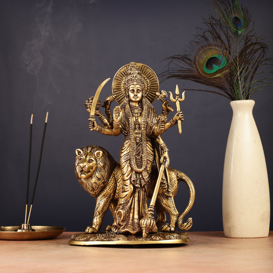 Brass Standing Durga Lion Right Armed Idol - 10.5"