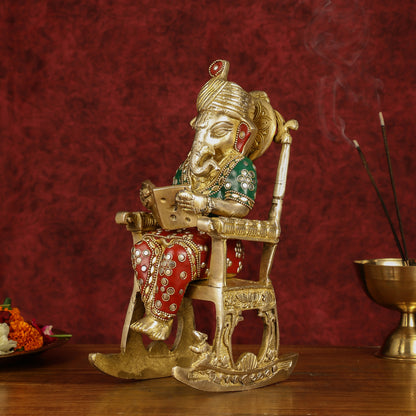 Enchanting 11-Inch Pure Brass Reading Ganesha on Rocking Chair Idol