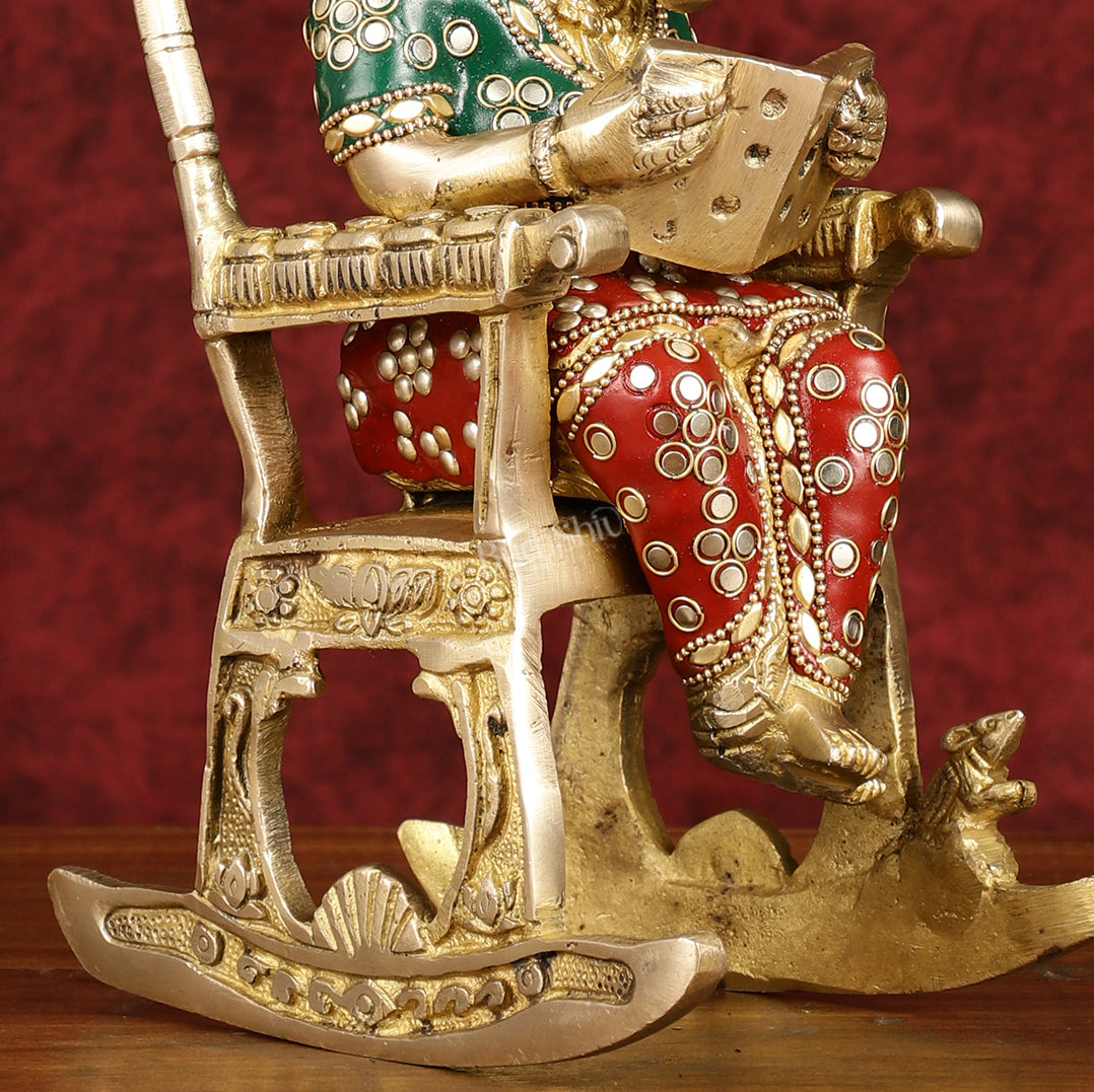 Enchanting 11-Inch Pure Brass Reading Ganesha on Rocking Chair Idol