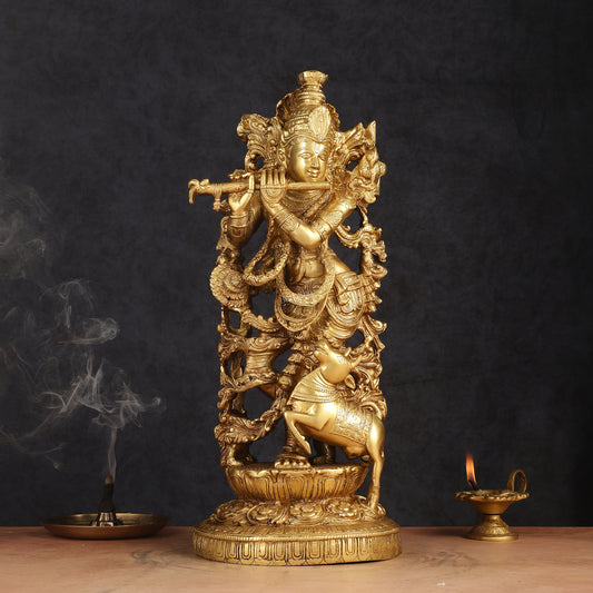 Pure Brass Lord Krishna with Jumping Cow Statue - 18"