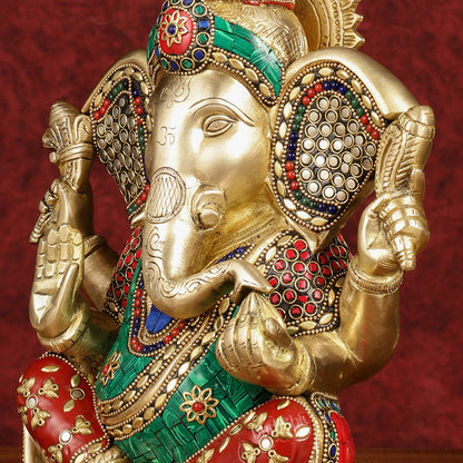Divine Brass Lord Ganesha Statue with Meenakari Stonework and Big Ears - 10"