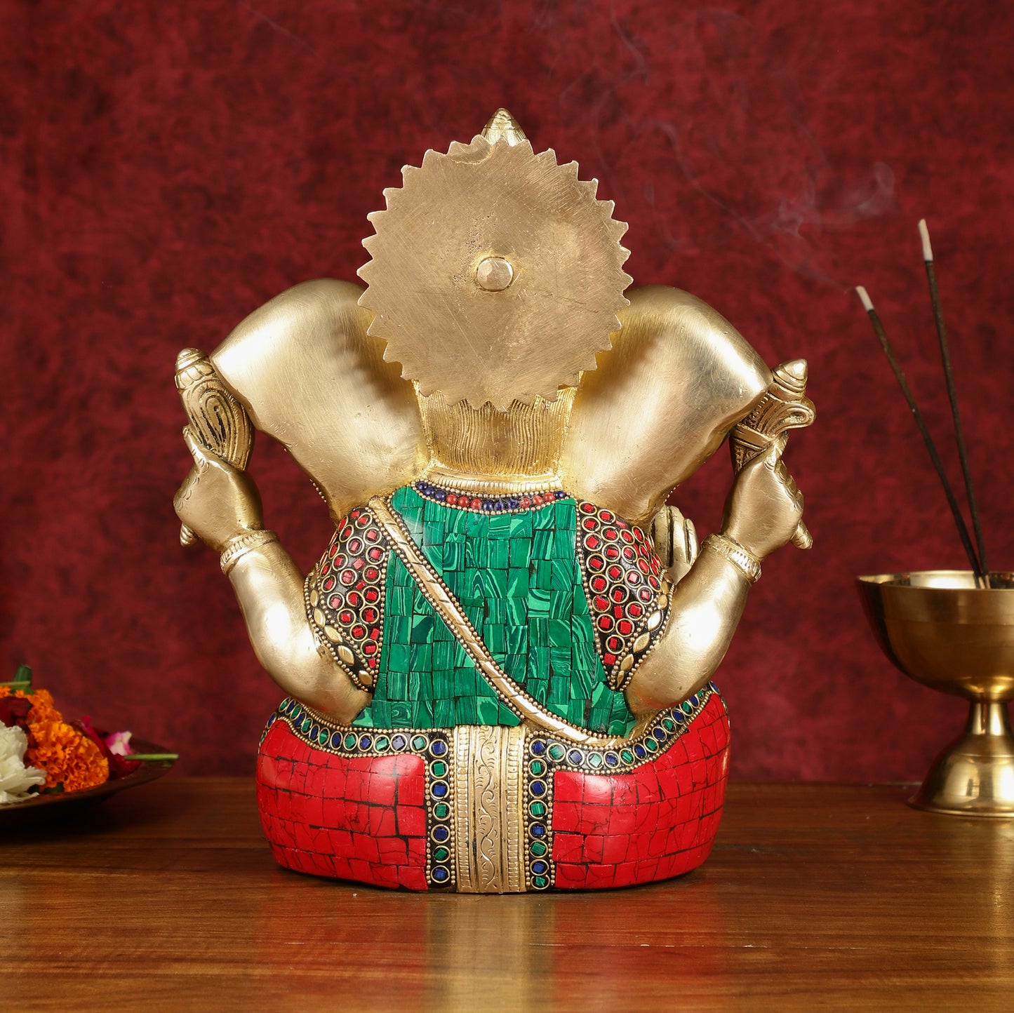 Divine Brass Lord Ganesha Statue with Meenakari Stonework and Big Ears - 10"