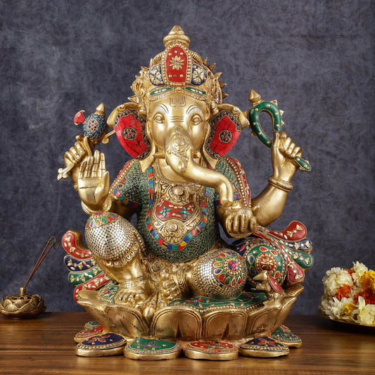 Handcrafted Brass Ganapathi Statue on Lotus Base - 21-inch Tall