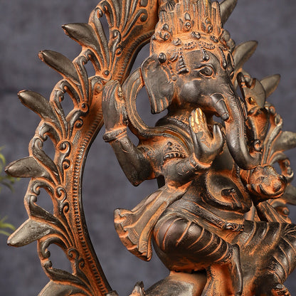 Pure Brass Tibetan Form of Ganapati Seated on Mouse Antique Patina 13"