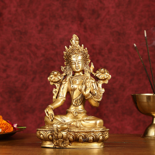 Sacred Pure Brass Green Tara Devi Idol - Handcrafted Sculpture 8"