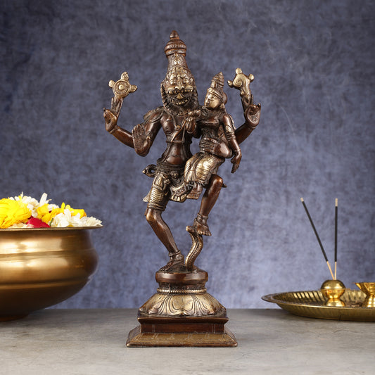 Pure Brass Lord Narsimha with Devi Lakshmi Idol - 12" Chola wash