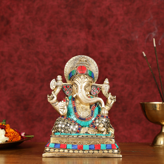 Elegant Pure Brass Ganesha Idol with Stonework 7.5"