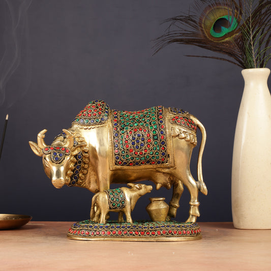 Handcrafted Brass Cow and Calf Statue | 8.5"