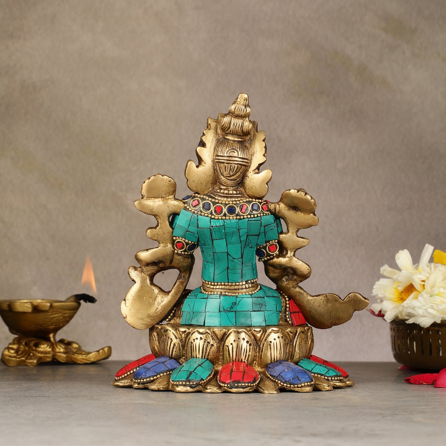 Pure Brass Goddess Green Tara Idol with Nepalese Stonework – 6 Inches