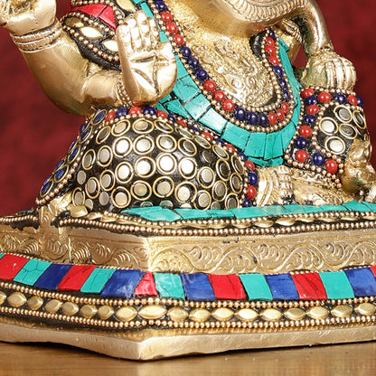 Elegant Pure Brass Ganesha Idol with Stonework 7.5"