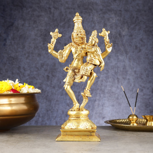 Pure Brass Lord Narsimha with Devi Lakshmi Idol - 12"