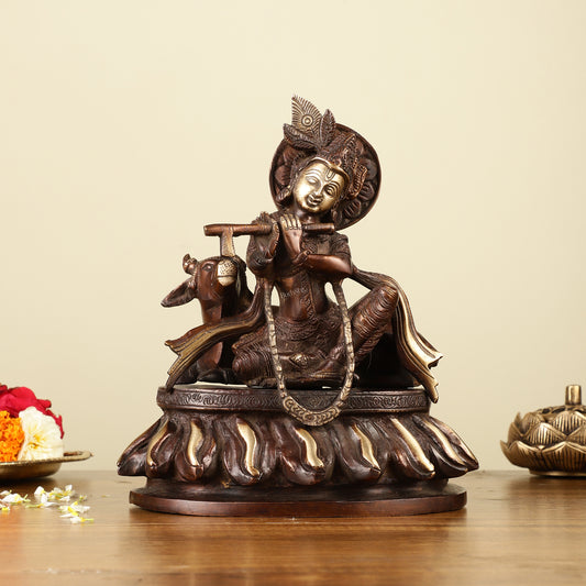 Pure Brass Lord Krishna Sitting with Cow Idol 8.5"