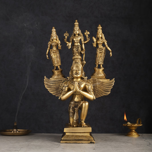 Pure Brass Superfine Tirupati Balaji Bhudevi and Sridevi on Garuda Statue 18"
