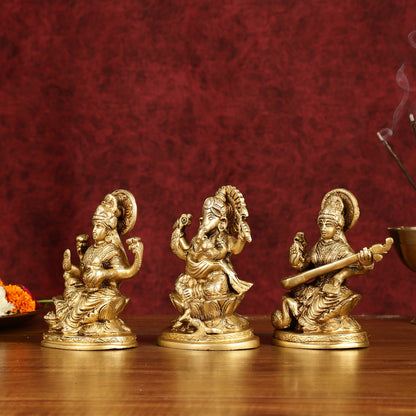 Ganesha Lakshmi Saraswati Brass Idol Set -  5" antique tone
