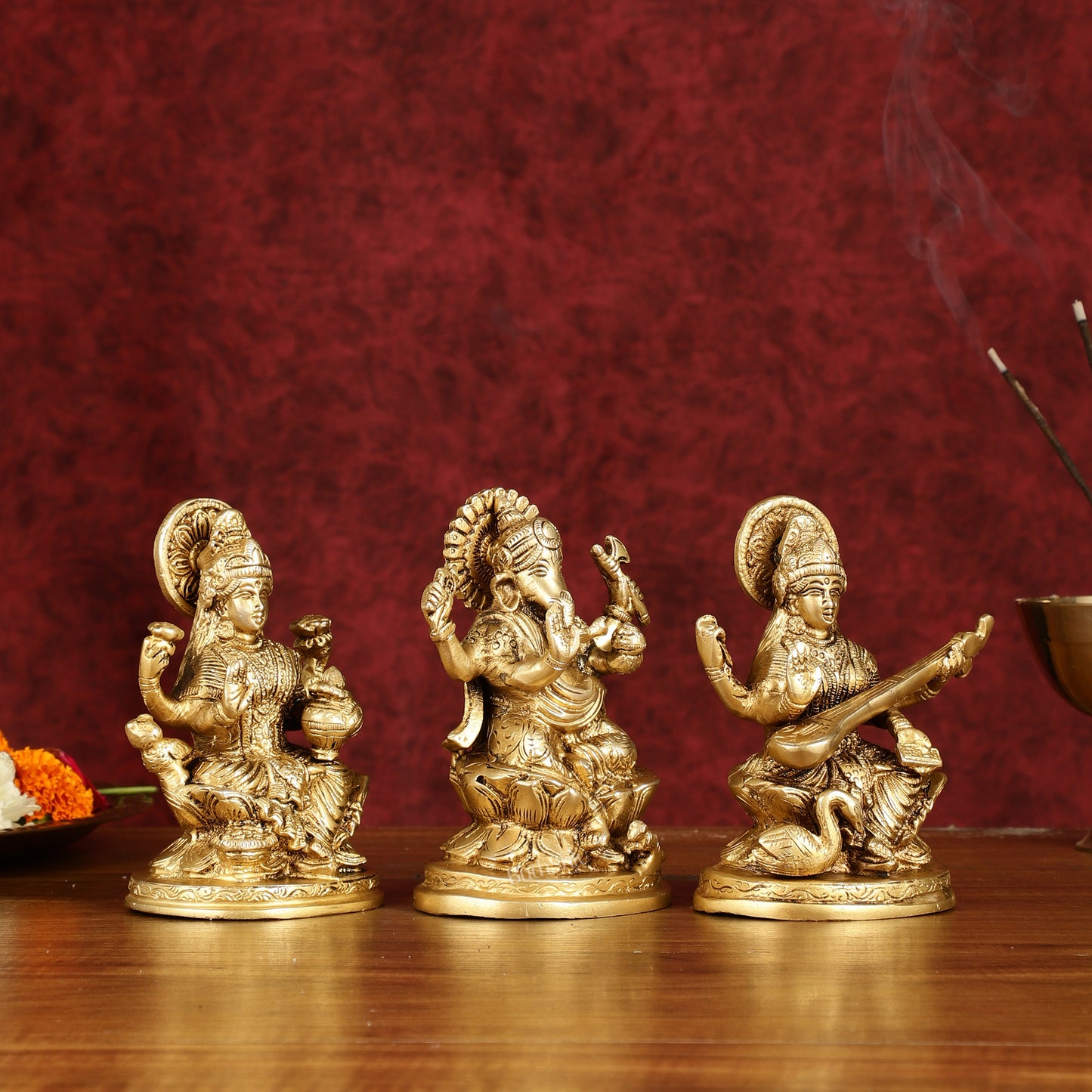 Ganesha Lakshmi Saraswati Brass Idol Set -  5" antique tone