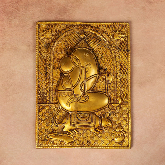 Exquisite 11.5-Inch Pure Brass Ganapati with Mooshak Wall Hanging
