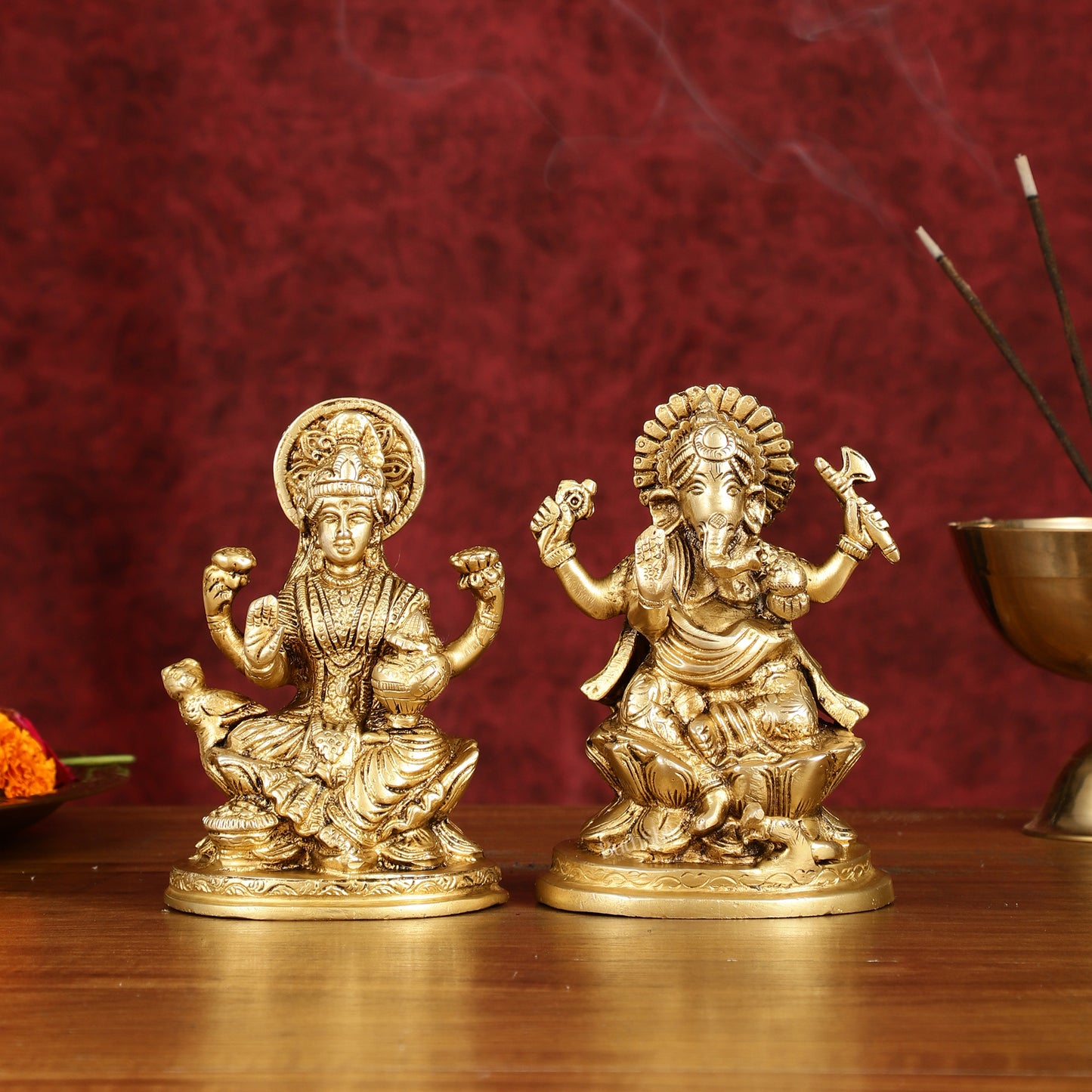 Ganesha Lakshmi Brass Idol Set -  5" antique tone