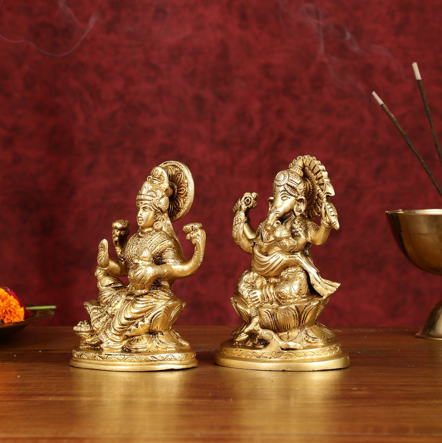 Ganesha Lakshmi Brass Idol Set -  5" antique tone