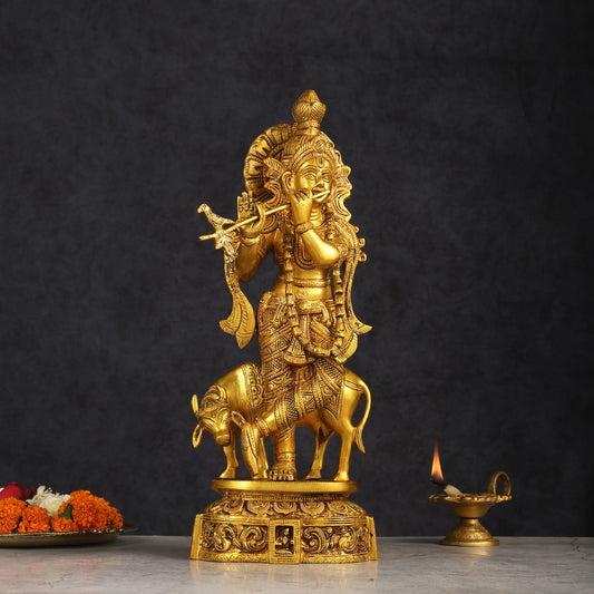 Pure Brass Standing Lord Krishna with Cow Statue 15 inch