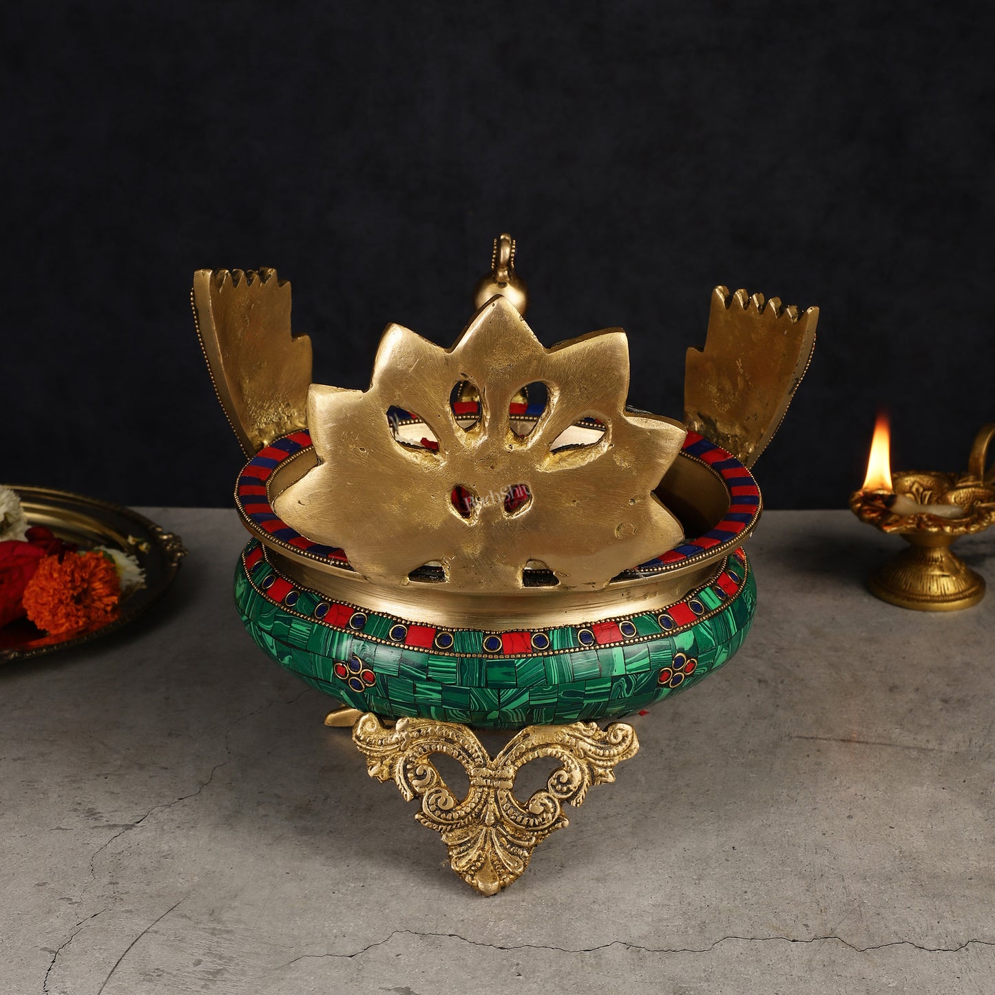 Brass Peacock Shaped Urli Bowl with Stand - Exquisite Decorative Accent