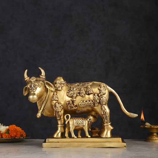 Superfine Brass Engraved Kamdhenu Cow with Calf - Murti 10"