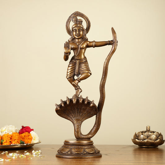 Krishna Dancing on Kaliya Naag Brass Idol 13"