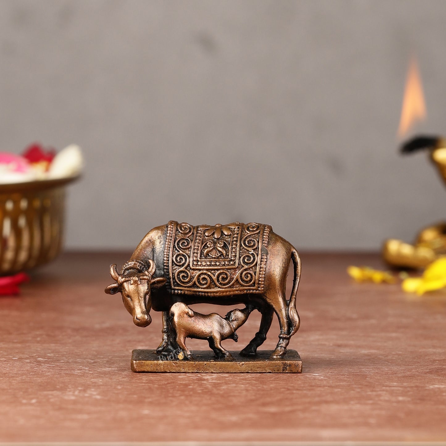 Pure Copper Gomatha Kamdhenu Cow with Calf Idol - 2-inch