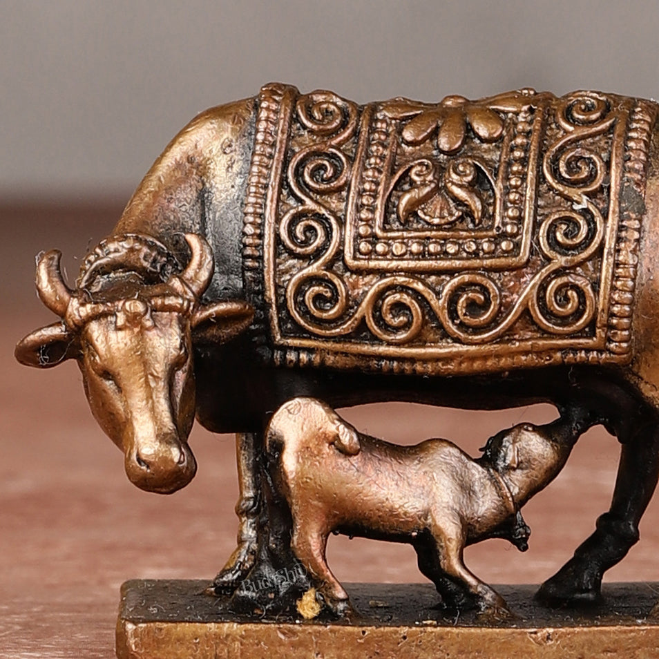 Pure Copper Gomatha Kamdhenu Cow with Calf Idol - 2-inch