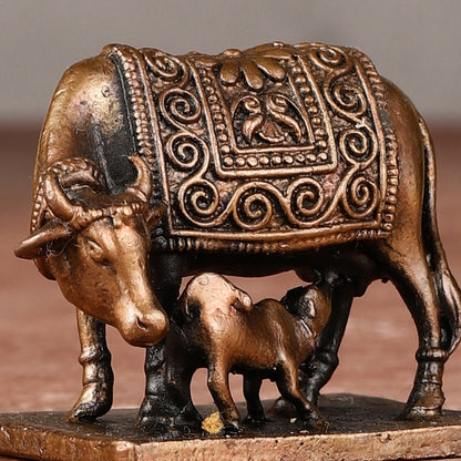 Pure Copper Gomatha Kamdhenu Cow with Calf Idol - 2-inch