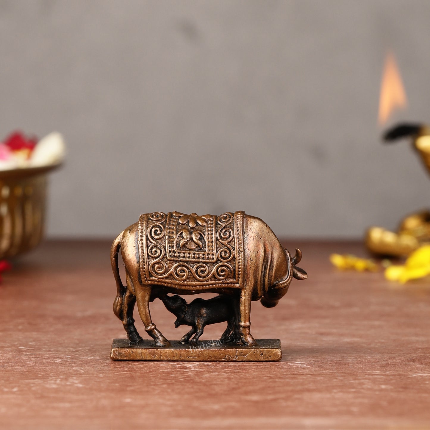 Pure Copper Gomatha Kamdhenu Cow with Calf Idol - 2-inch