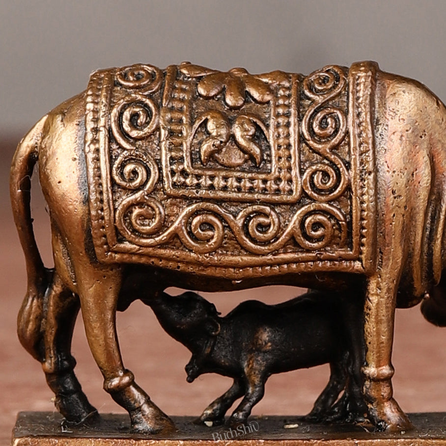 Pure Copper Gomatha Kamdhenu Cow with Calf Idol - 2-inch