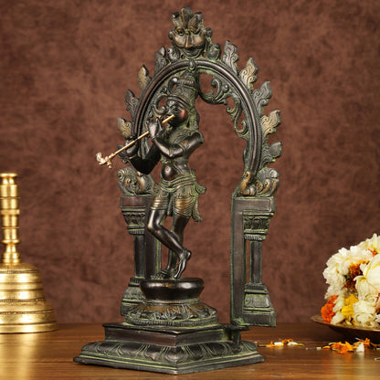 Pure Brass Lord Krishna with Celestial Aura Prabhavali Idol 12.5"